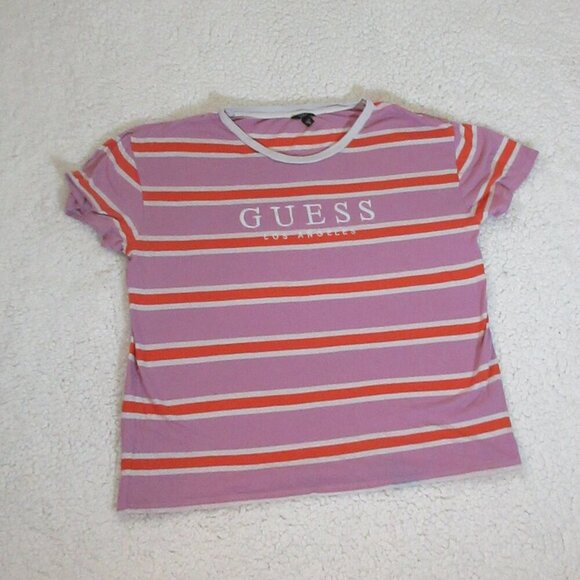 Guess Los Angeles Women's Purple Orange White Striped T-Shirt Size Medium - Picture 3 of 6